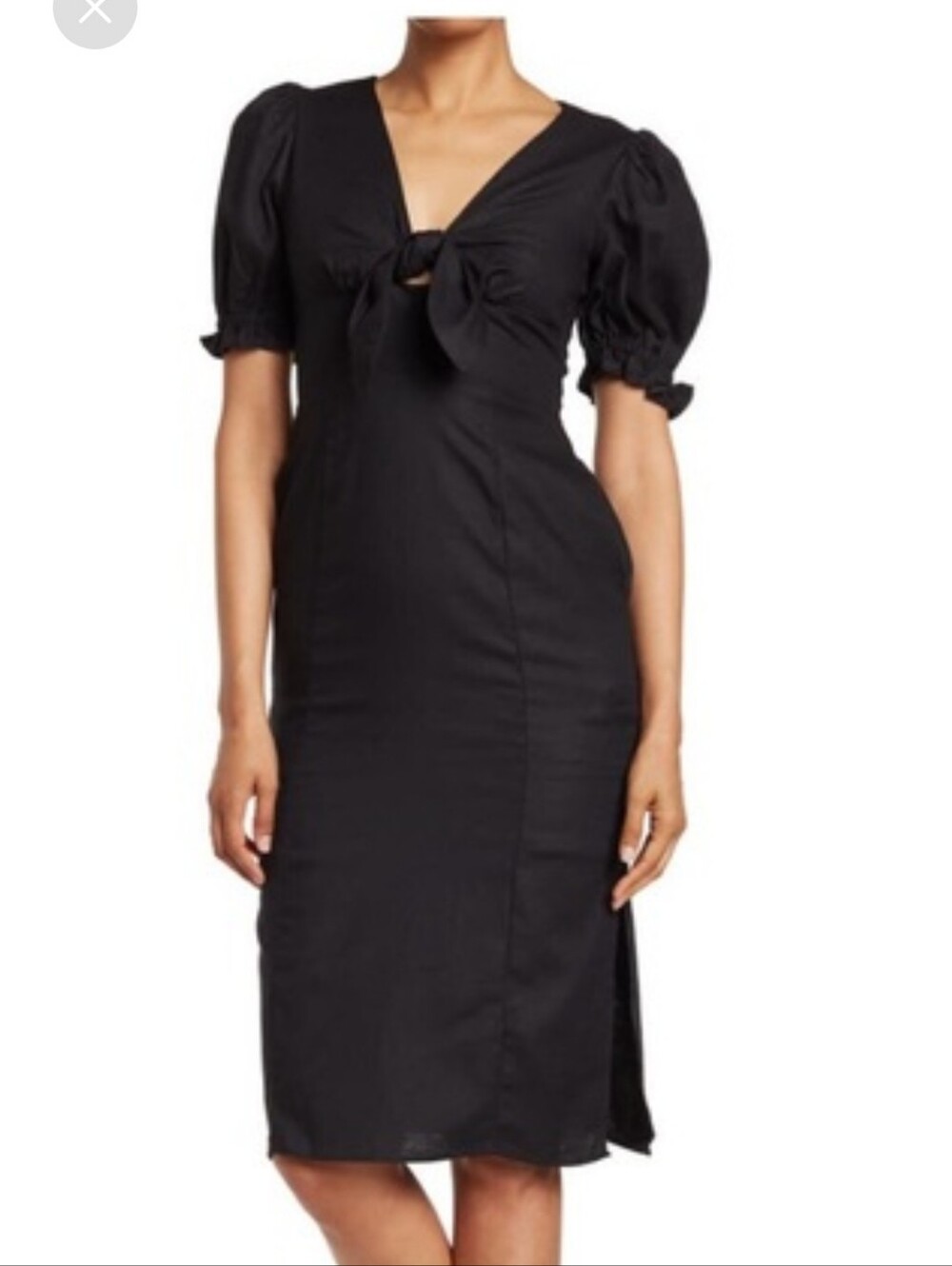 MELLODAY Black Midi Skirt-Dress with Puff Sleeves and Front Tie